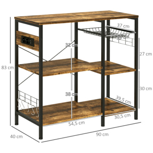 Estantería de Cocina Industrial Estante de Cocina con Toma de Corriente Estantes Ajustables Ganchos y Cesta Metálica 90x40x83 cm Marrón Rústico