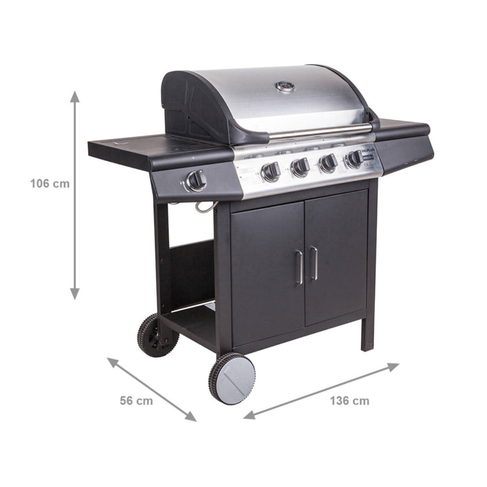 Barbecue a gas 4 bruciatori +1 in acciaio inox, colore nero, cm 136 x 56 x h106