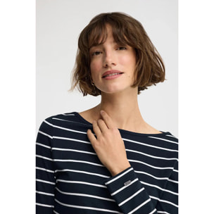 Maglietta a righe blu marino e bianco con collo a barca e logo Polo Club