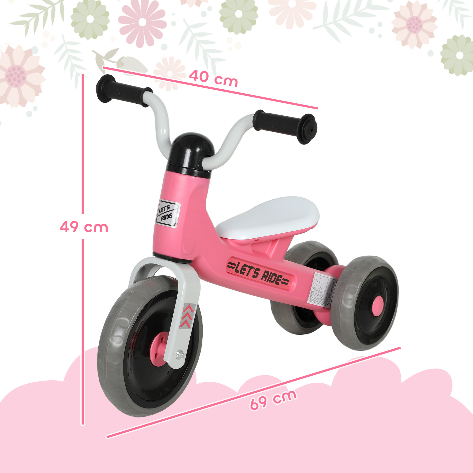 Draisienne 3 roues enfant 12-36 mois pneu EVA silencieux grande selle métal rose blanc
