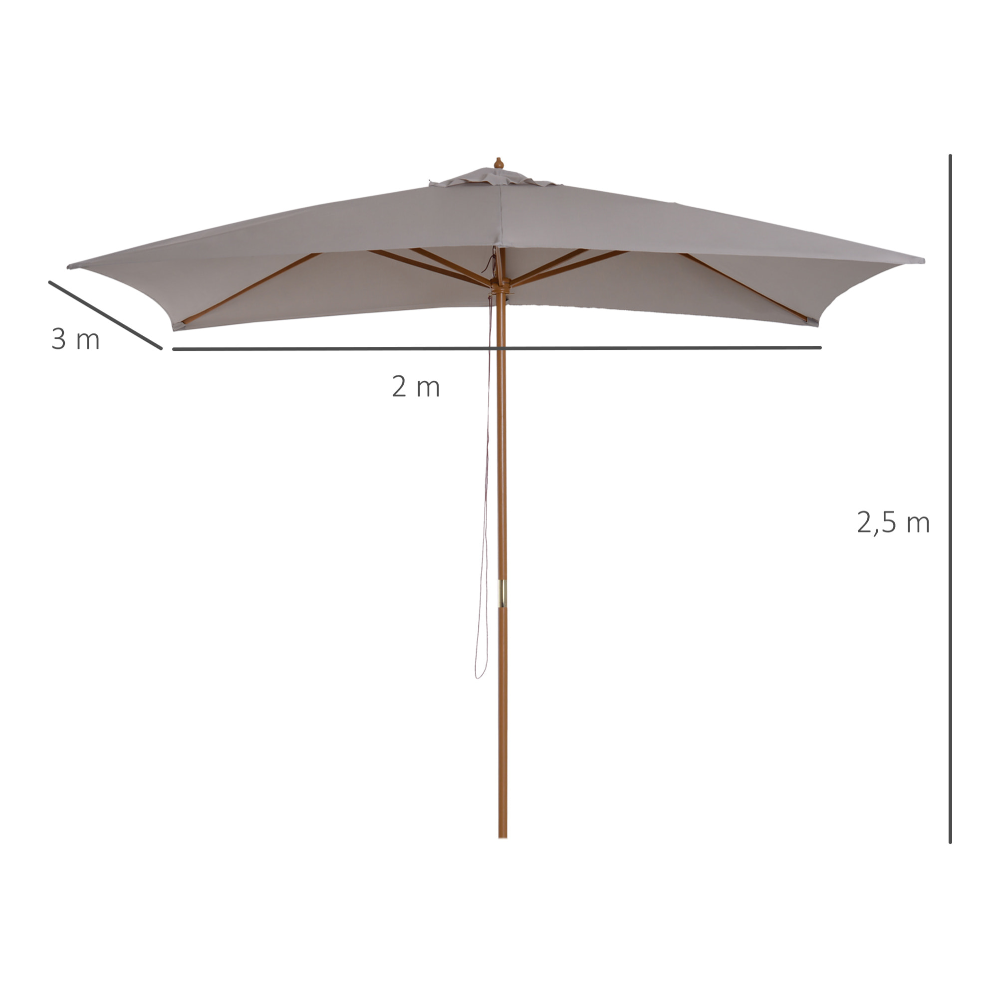 Parasol droit rectangulaire de jardin grande taille dim. 3L x 2l x 2,5H m gris