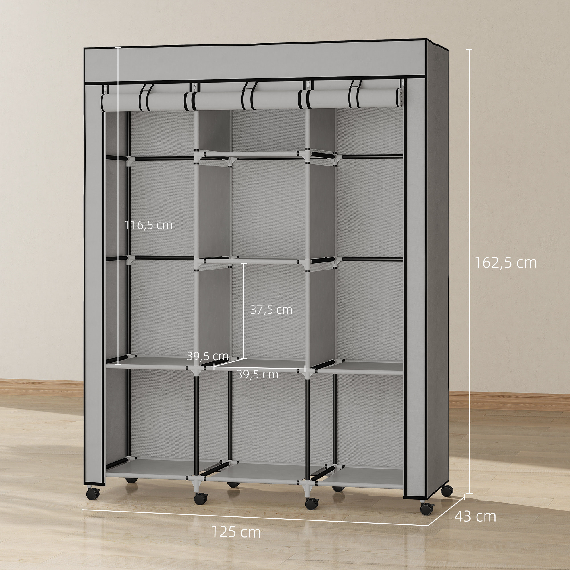 Armoire penderie multi-rangement - 8 étagères, 2 barres - acier noir non tissé gris