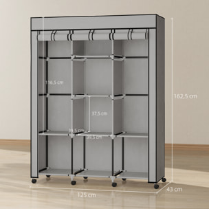 Armoire penderie multi-rangement - 8 étagères, 2 barres - acier noir non tissé gris