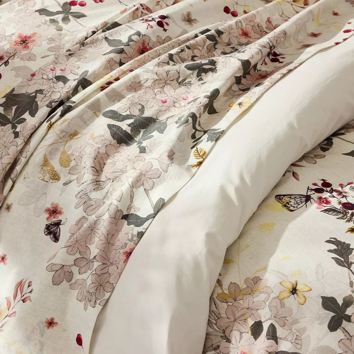 Drap plat percale de coton lavé 115 g/m² imprimé beige bordeaux Vintage flowers cranberry