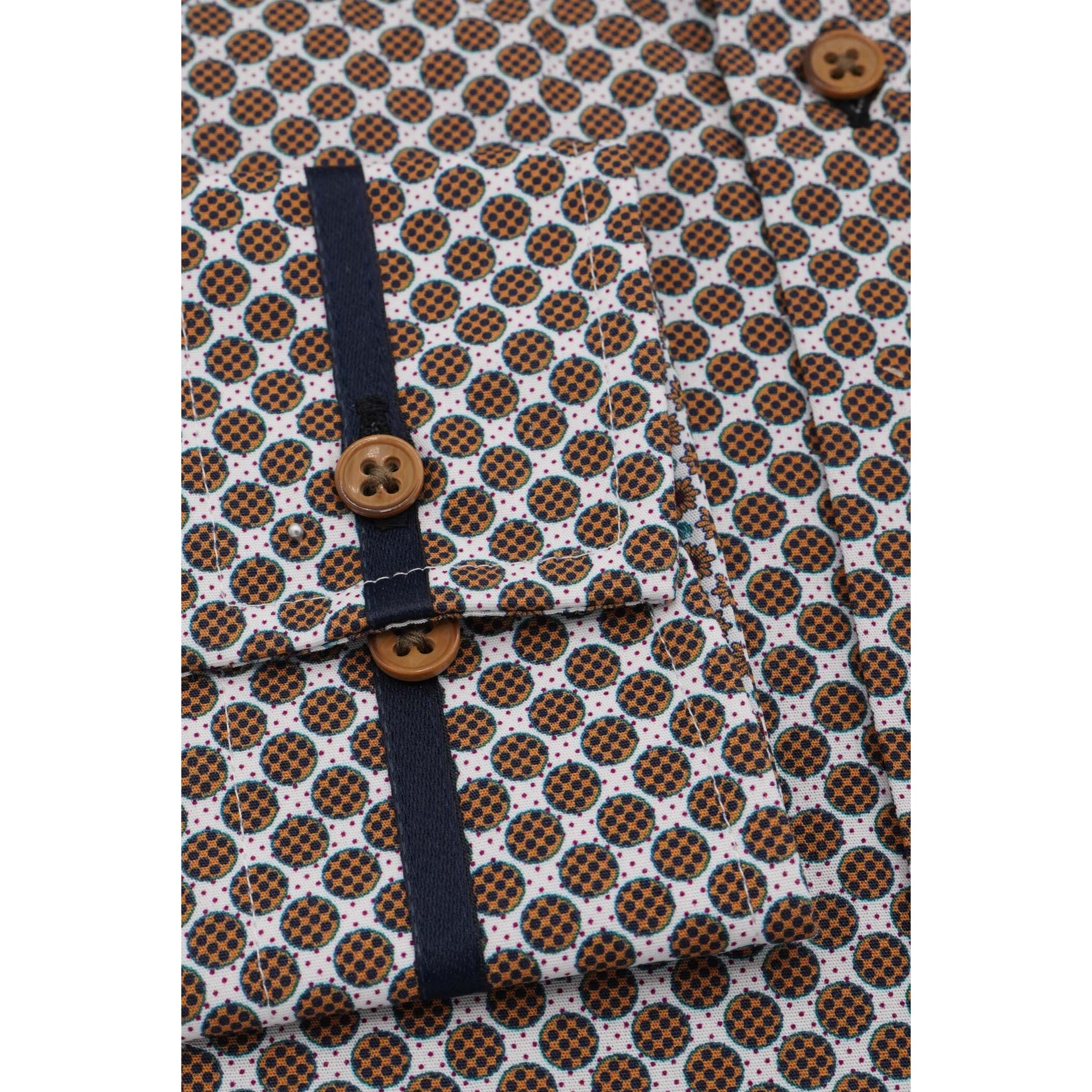 Camicia Uomo 1 Bottoni Button Down Slim Popeline Stampato bianco e marrone chiaro