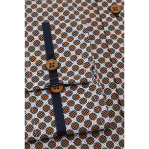 Camicia Uomo 1 Bottoni Button Down Slim Popeline Stampato bianco e marrone chiaro