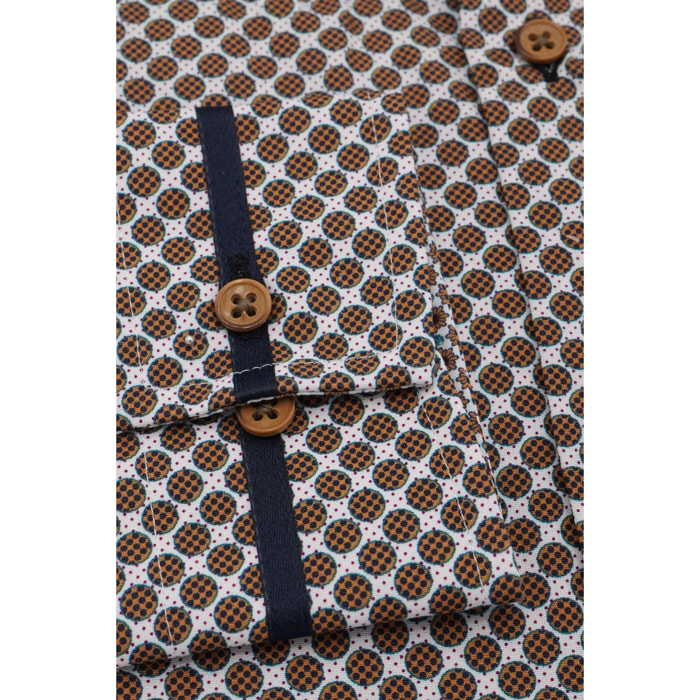 Camicia Uomo 1 Bottoni Button Down Slim Popeline Stampato bianco e marrone chiaro