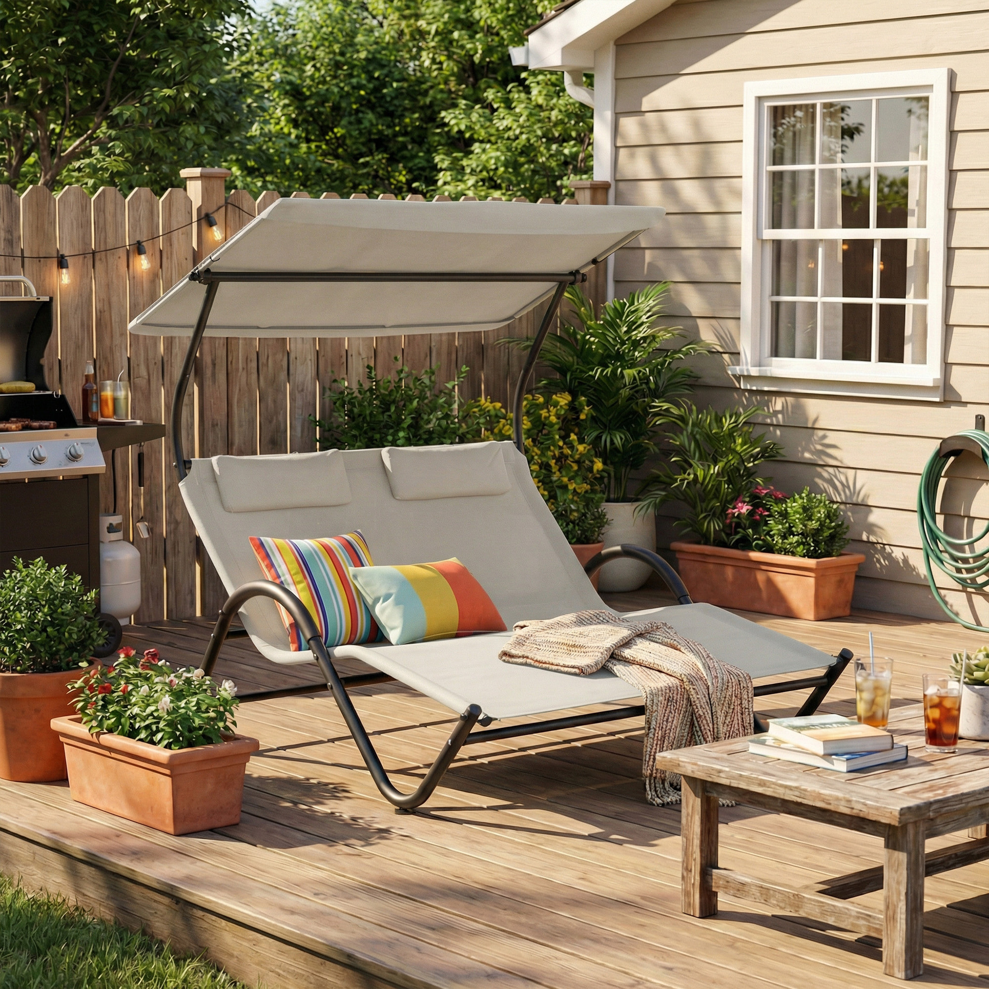 Bain de soleil 2 places lit de jardin design contemporain auvent réglable roulettes tétières acier époxy polyester grège