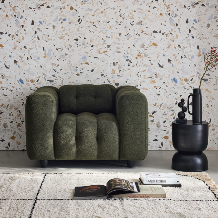 Fauteuil 1 place en bouclette texturée capitonné kaki foncé structure bois d'eucalyptus et contreplaqué