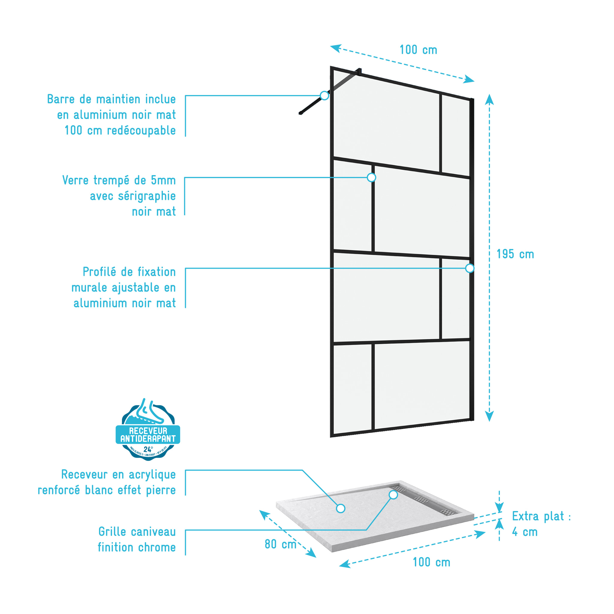 Pack Paroi de douche 100x195 cm + RECEVEUR EN ACRYLIQUE BLANC EFFET PIERRE 100X80