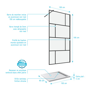 Pack Paroi de douche 100x195 cm + RECEVEUR EN ACRYLIQUE BLANC EFFET PIERRE 100X80