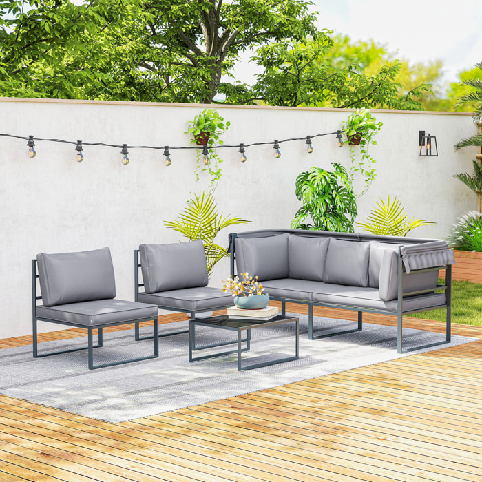 Salon de jardin 5 places 4 pièces - canapé avec auvent rétractable - coussins déhoussables gris