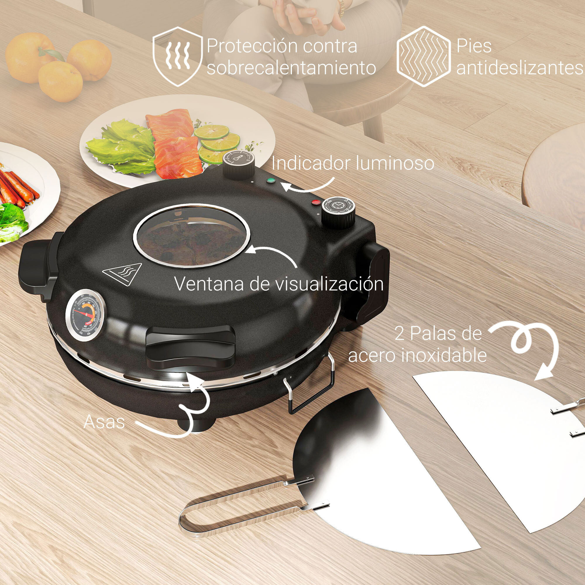 Horno para Pizza en 5 Minutos 1200W Horno Pizza Eléctrico con Temporizador 15min Temperatura hasta 430℃ Ventana de Visualización Indicador Luminoso Negro