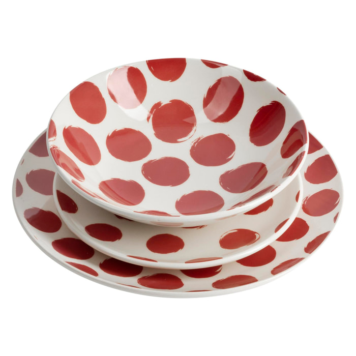 Set de vajilla de 12 piezas de gres con lunares rojos (4 platos llanos 27 cm, 4 platos hondos 21 cm y 4 platos de postre 19 cm) – Dots La Maison