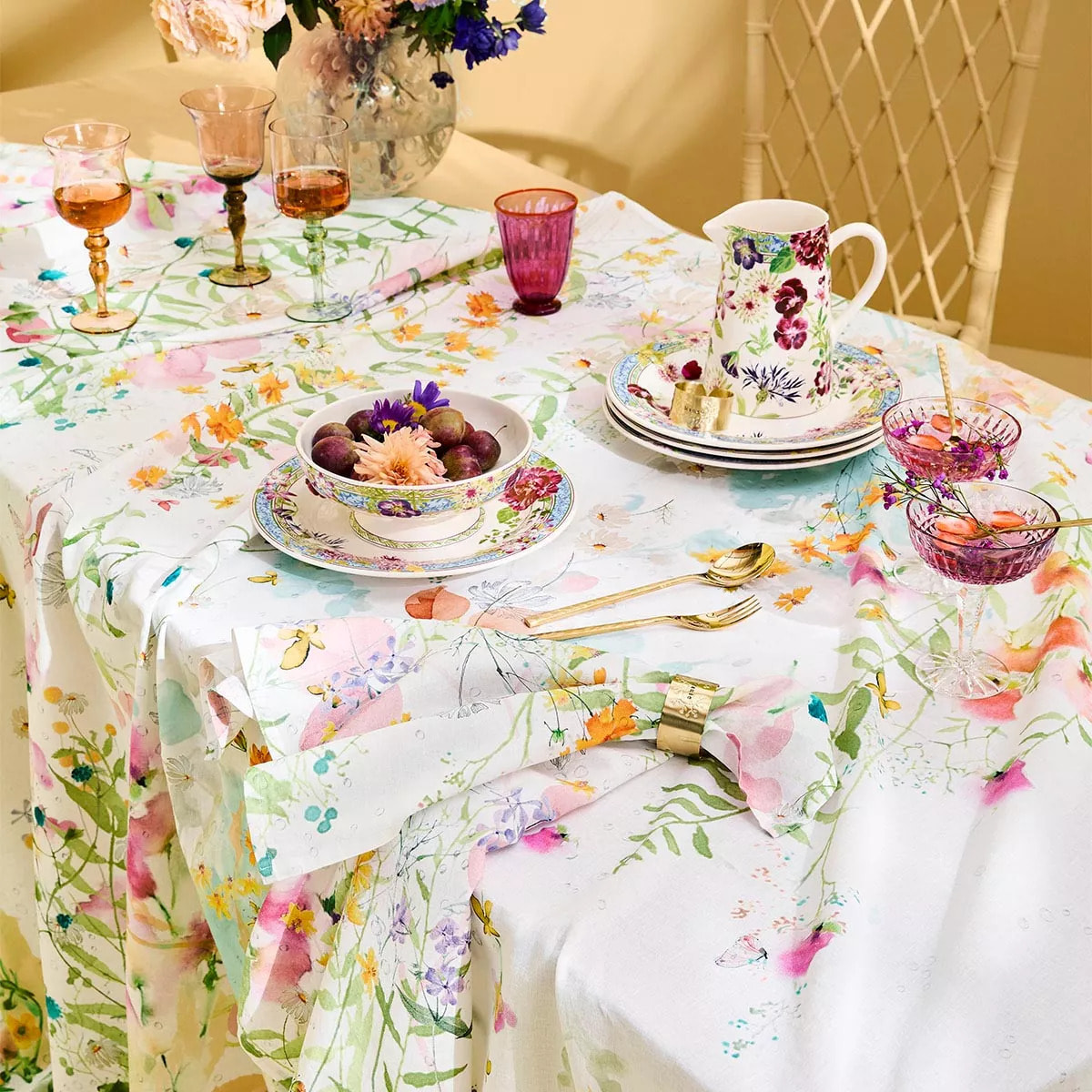 Nappe lin & coton lavé 150 g/m² imprimé rose vert Rosee du matin printemps