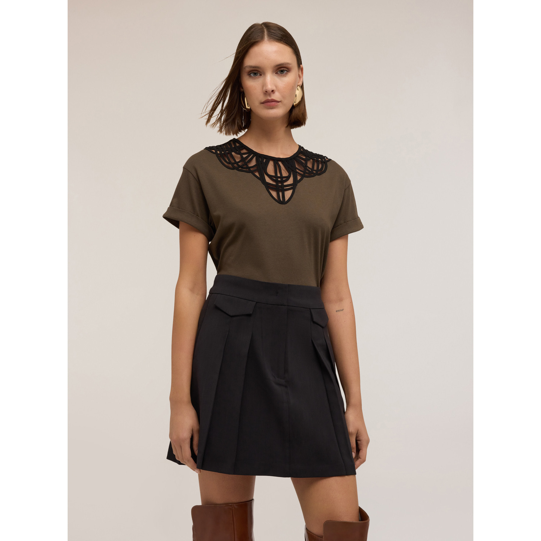 Motivi - Camiseta bordada de mezcla de modal - Verde militare