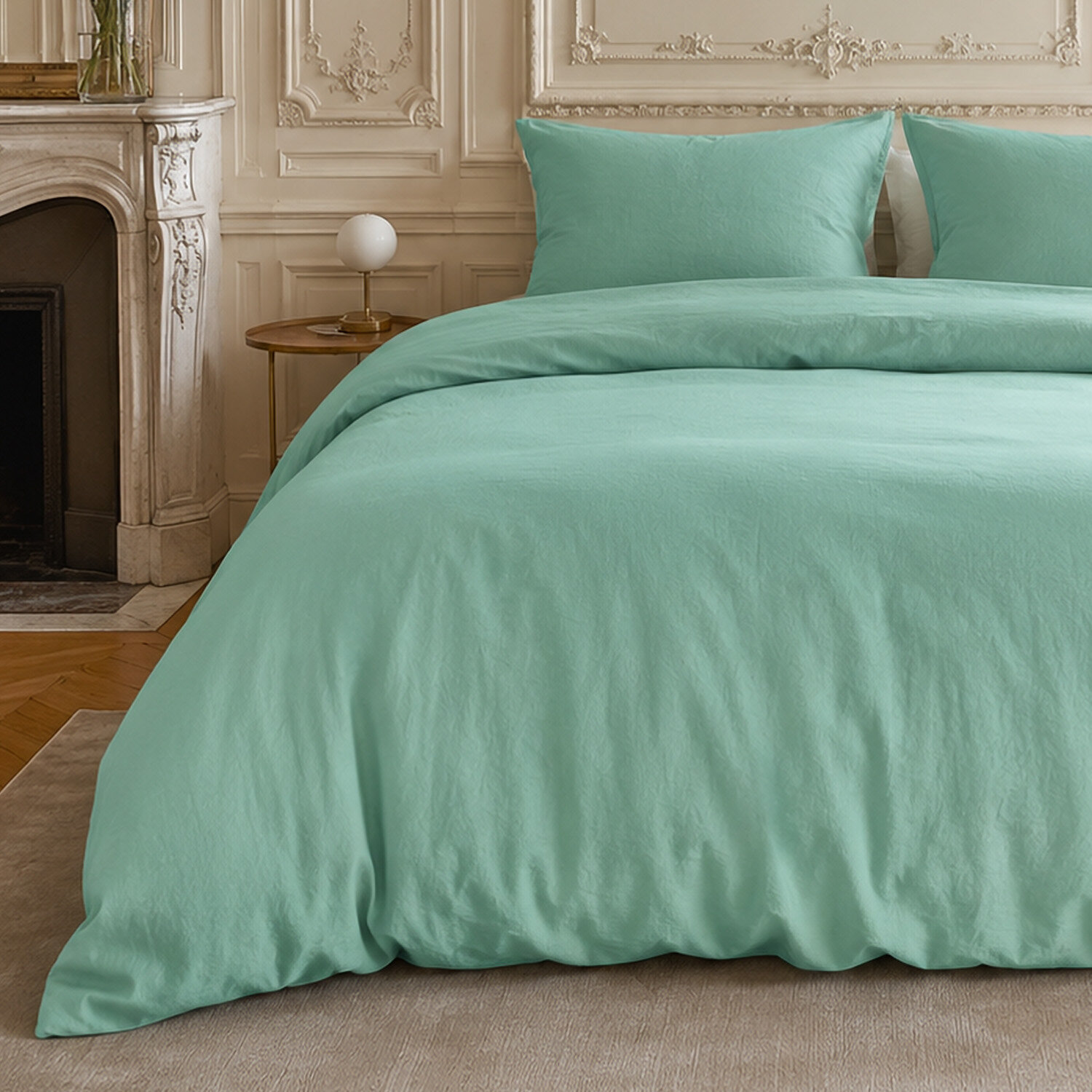 Parure housse de couette coton/lin unie bleu aqua, HAVEN