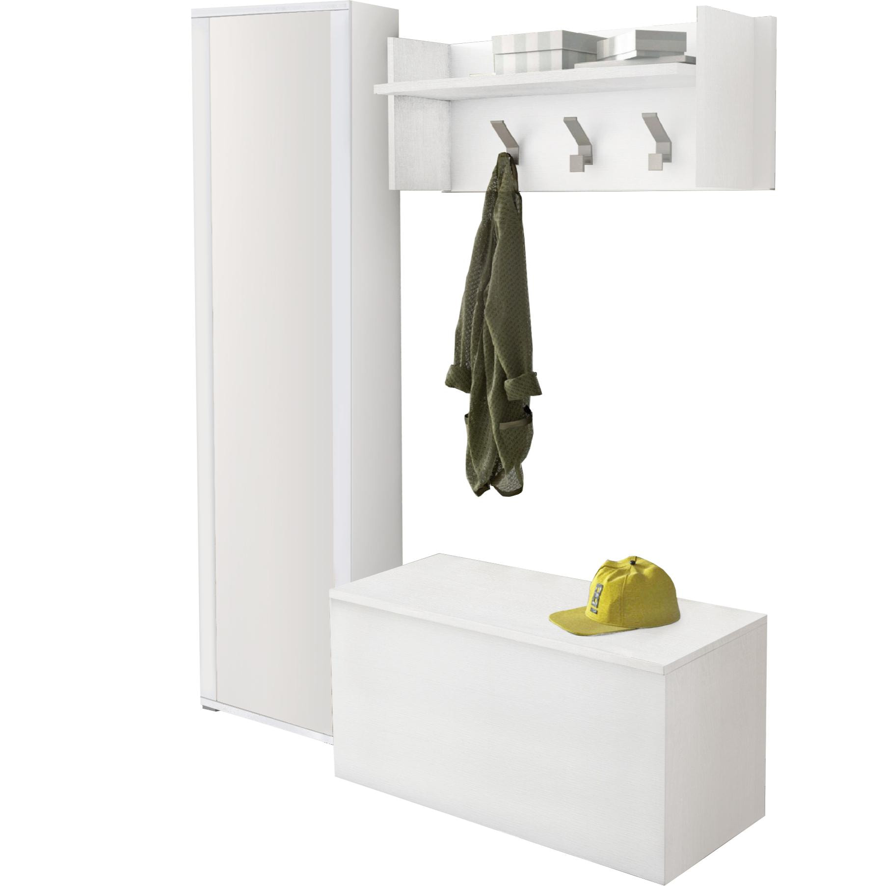 Mobile da ingresso Djohnse, Entratina moderna con appendiabiti, Mobile con scarpiera, Armadietto con specchio, Cm 50x32h182, Bianco