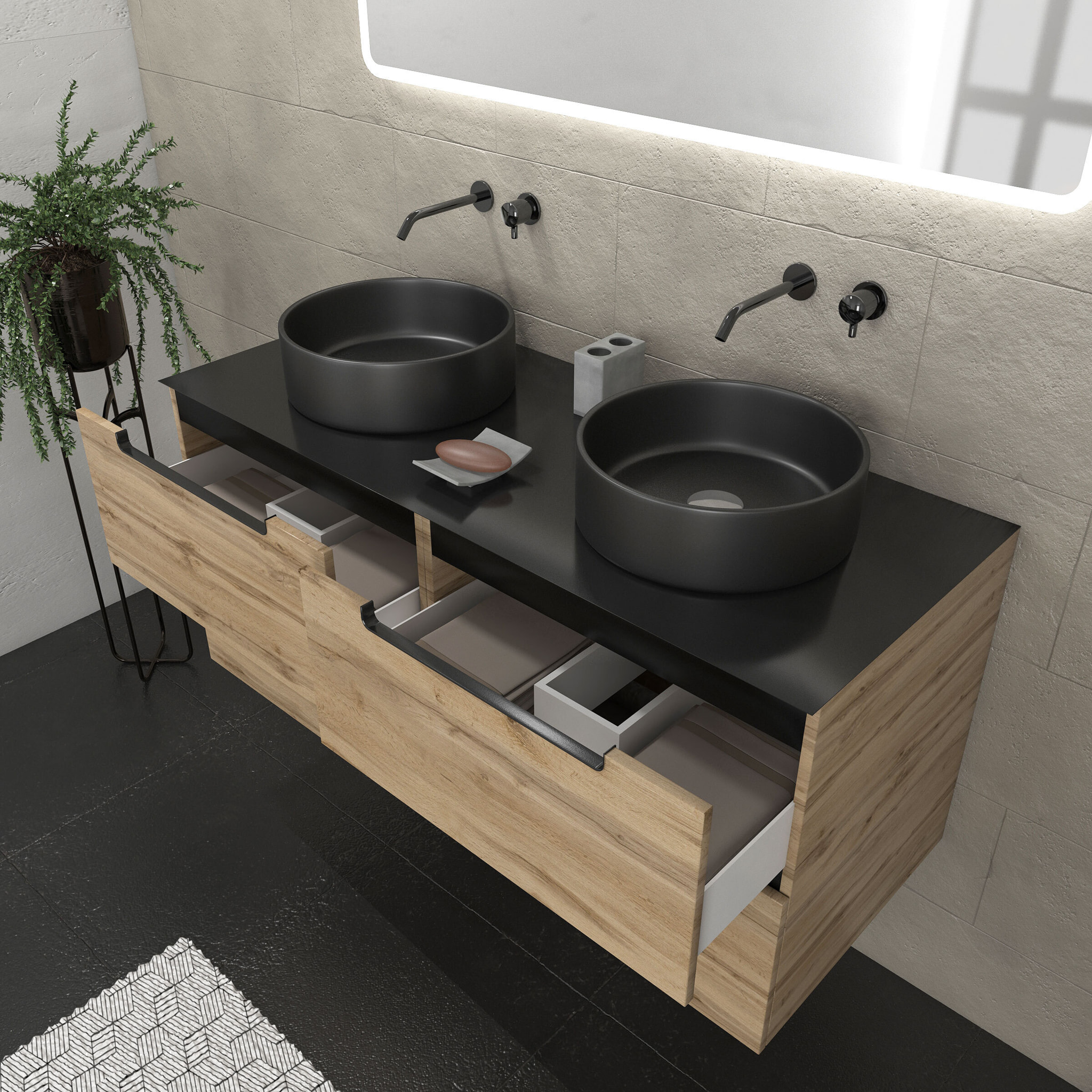 Meuble salle de bains 120cm Chene et noir, Vasques rondes Diam 36cm et Miroir Led 120x70 - OMEGA