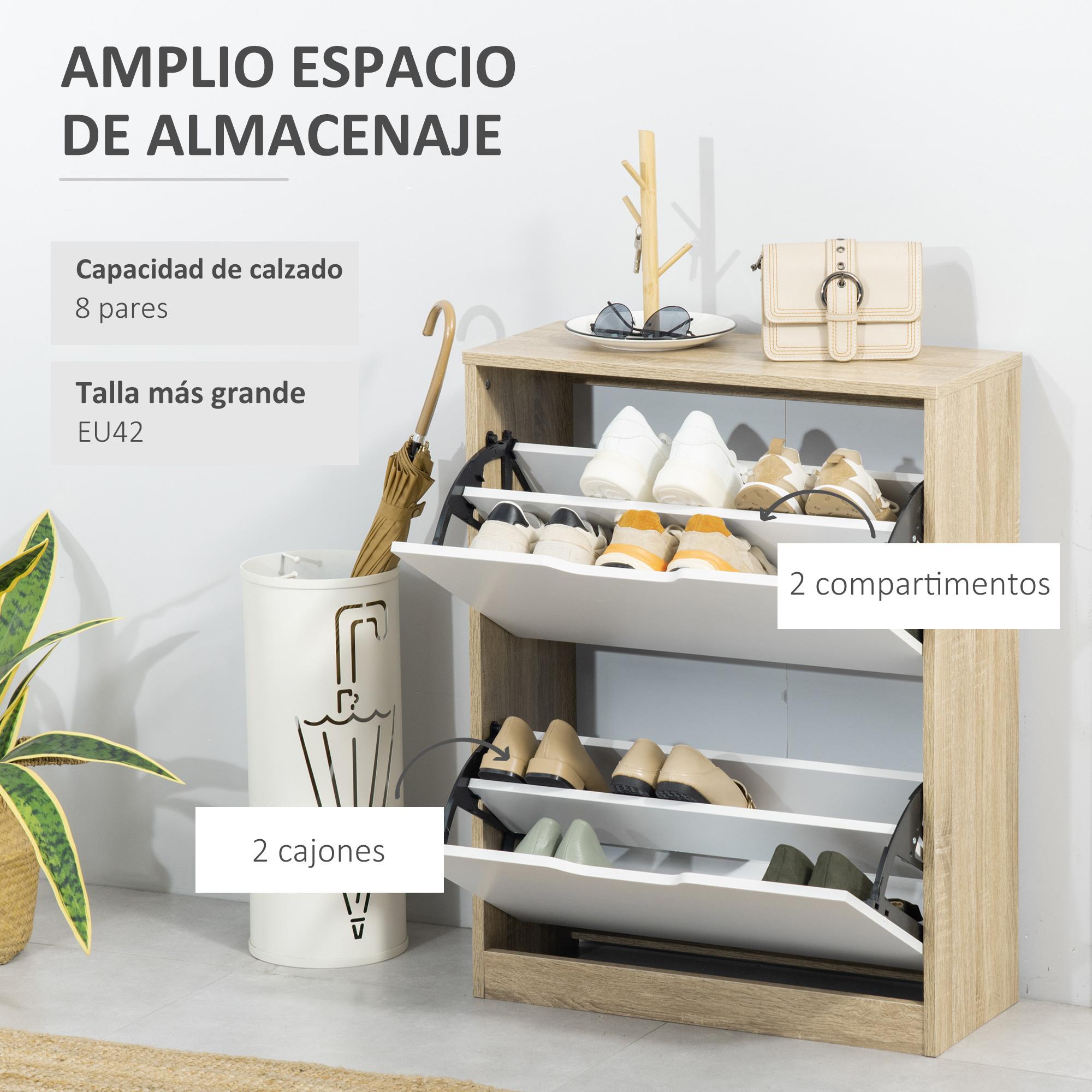 HOMCOM Armario de Zapatos Zapatero de Madera con 2 Puertas Abatibles 4 Estantes de Almacenaje Capacidad de 8 Pares para Entrada Pasillo Dormitorio 62,5x26x81 cm Blanco y Natural