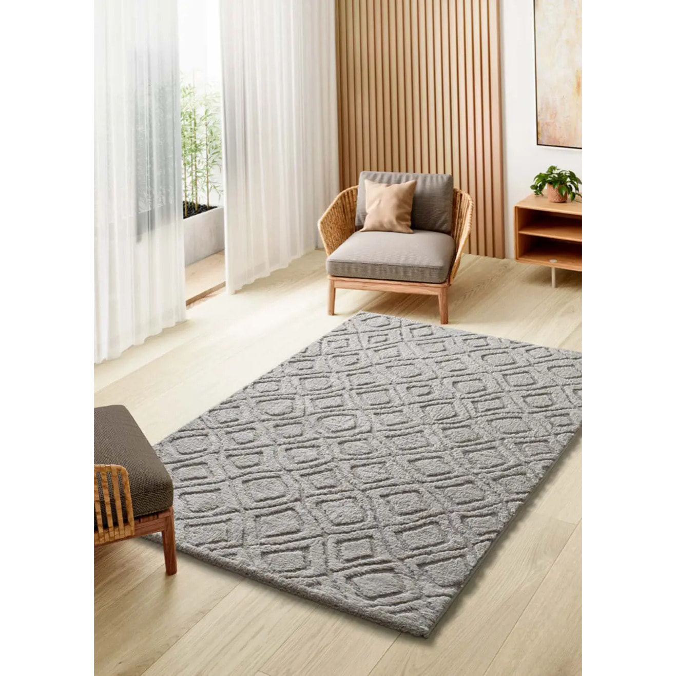 JUNO Alfombra geométrica con relieve gris, varias medidas disponibles.