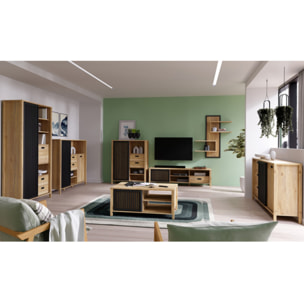 Armoirette L103cm 1 porte 2 tiroirs décor bois chêne et noir - BOSTON