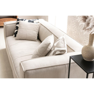 Canapé design 3 places en tissu effet velours naturel et bois clair COBAIN