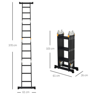 Escalera Multiusos Plegable Escalón Caballete 5 en 1 Portátil con 2 Placas de Plataforma Pie Antideslizante 6 Interruptores Bisagra Aluminio 150 kg 370x61x11 cm Negro
