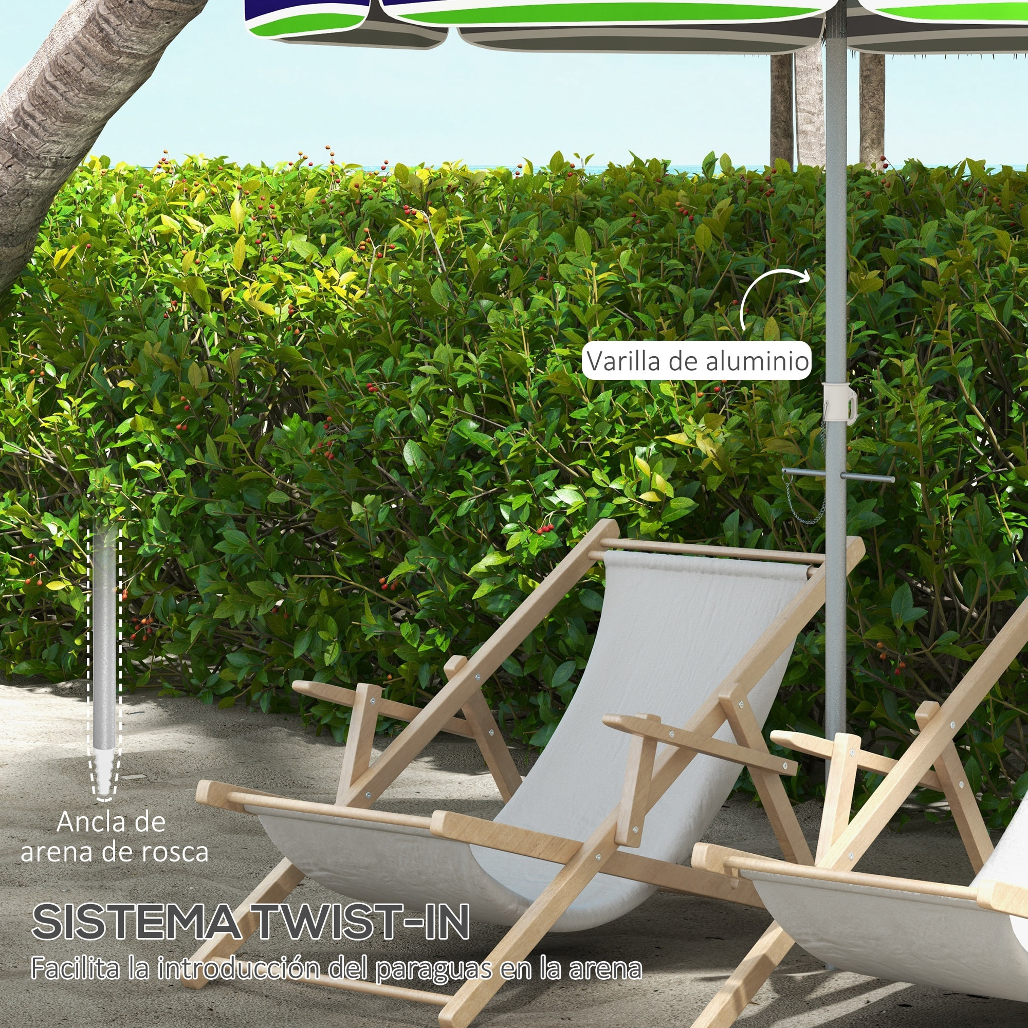 Sombrilla de Playa Ø178x205 cm Parasol para Terraza con Reclinación 45° Altura Ajustable Apertura Manual Anti-UV Impermeable y Bolsa de Transporte para Jardín Piscina Multicolor