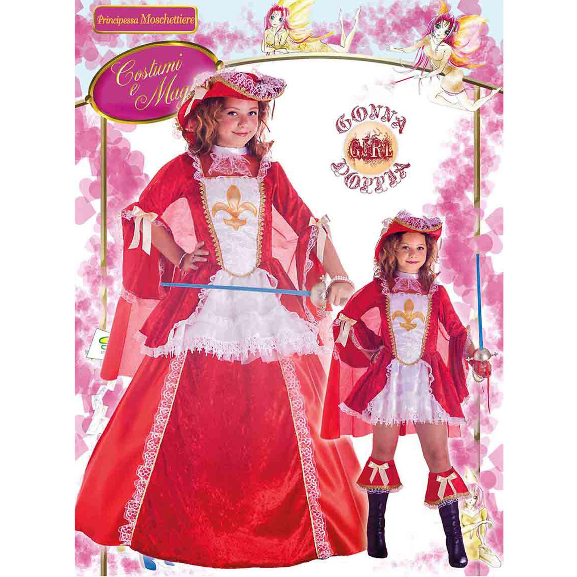 Lady Moschettiera Costume Carnevale 2-In-1 Rosso Bianco Bambina