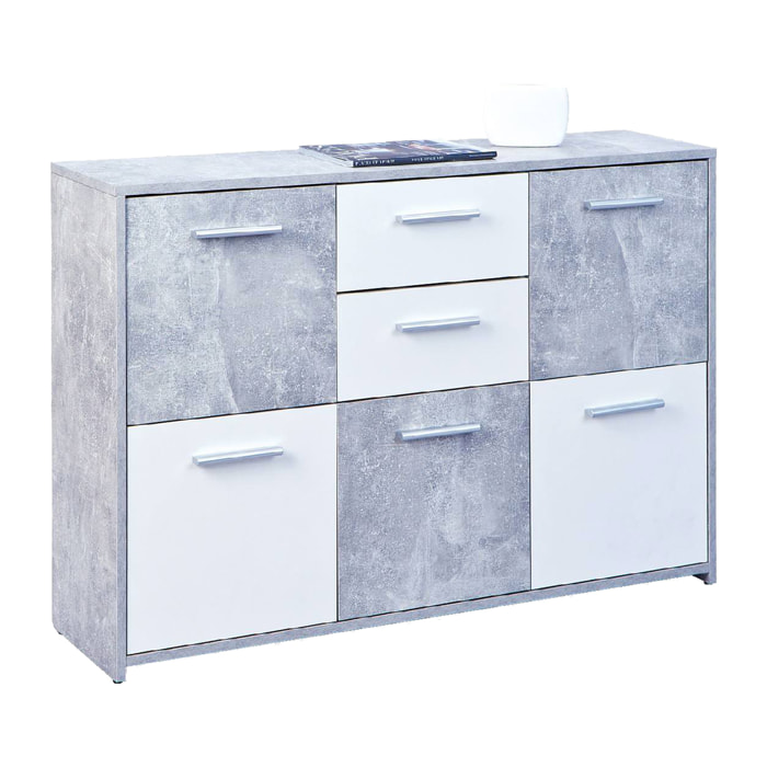 Credenza a cinque ante e due cassetti nella parte centrale, colore bianco e cemento, Misure 115 x 77 x 30 cm