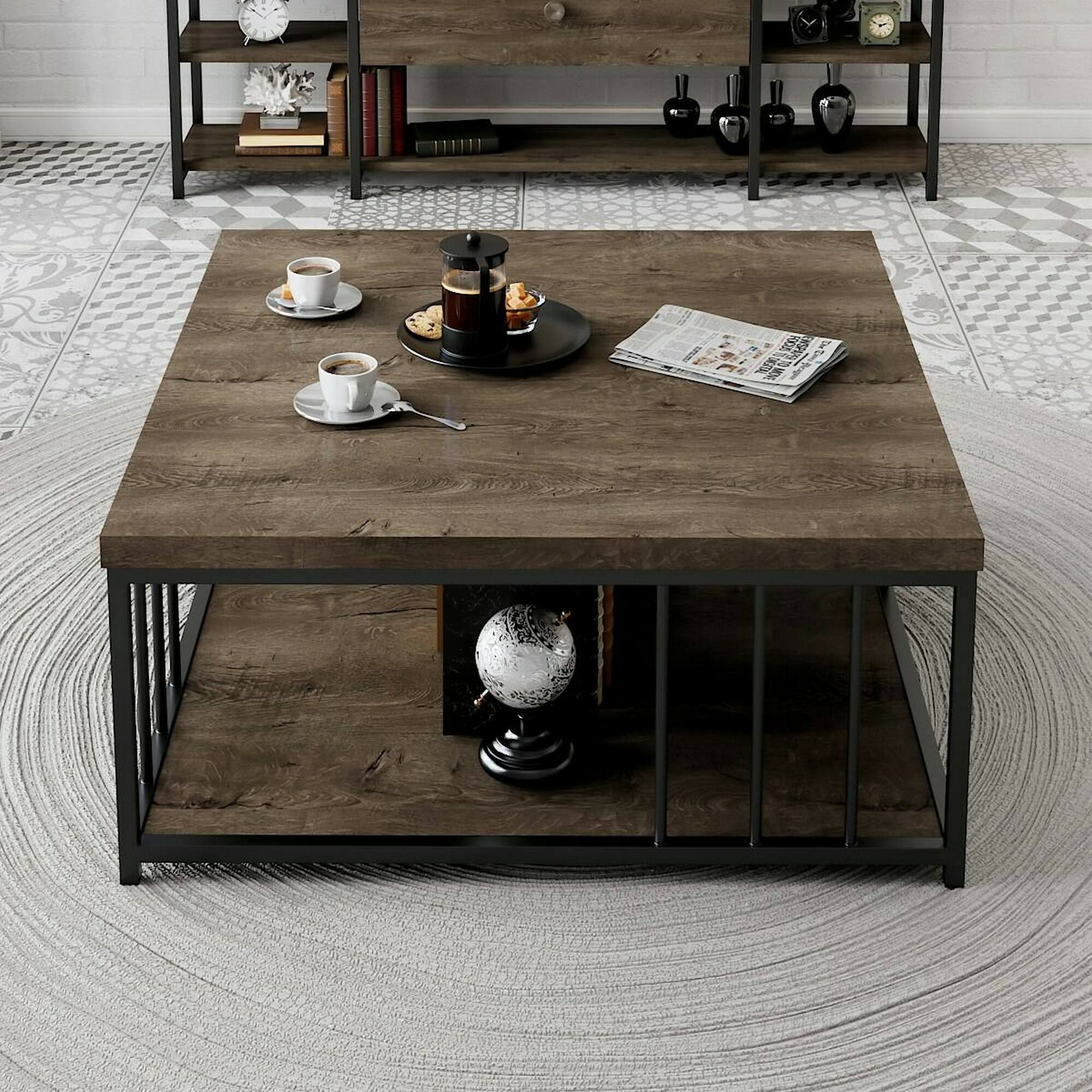Tavolino da salotto Raiden, Tavolo basso da caffè, Portariviste per divano, Ripiano da soggiorno, 90x90h40 cm, Noce e Nero