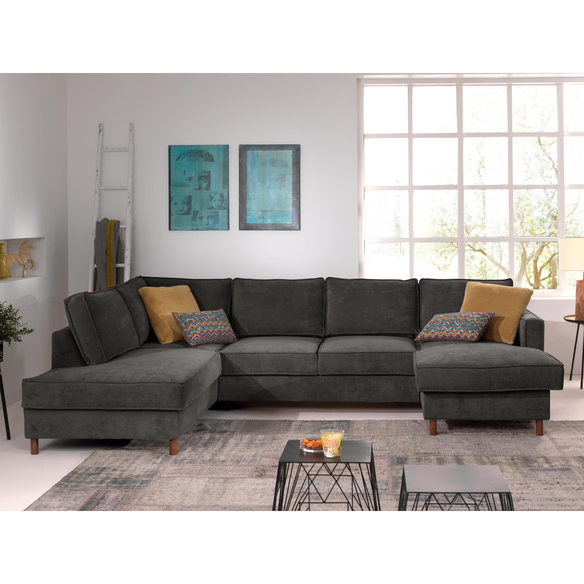 Jake - canapé panoramique d'angle gauche - convertible avec coffre - 7 places - en velours côtelé - Gris foncé