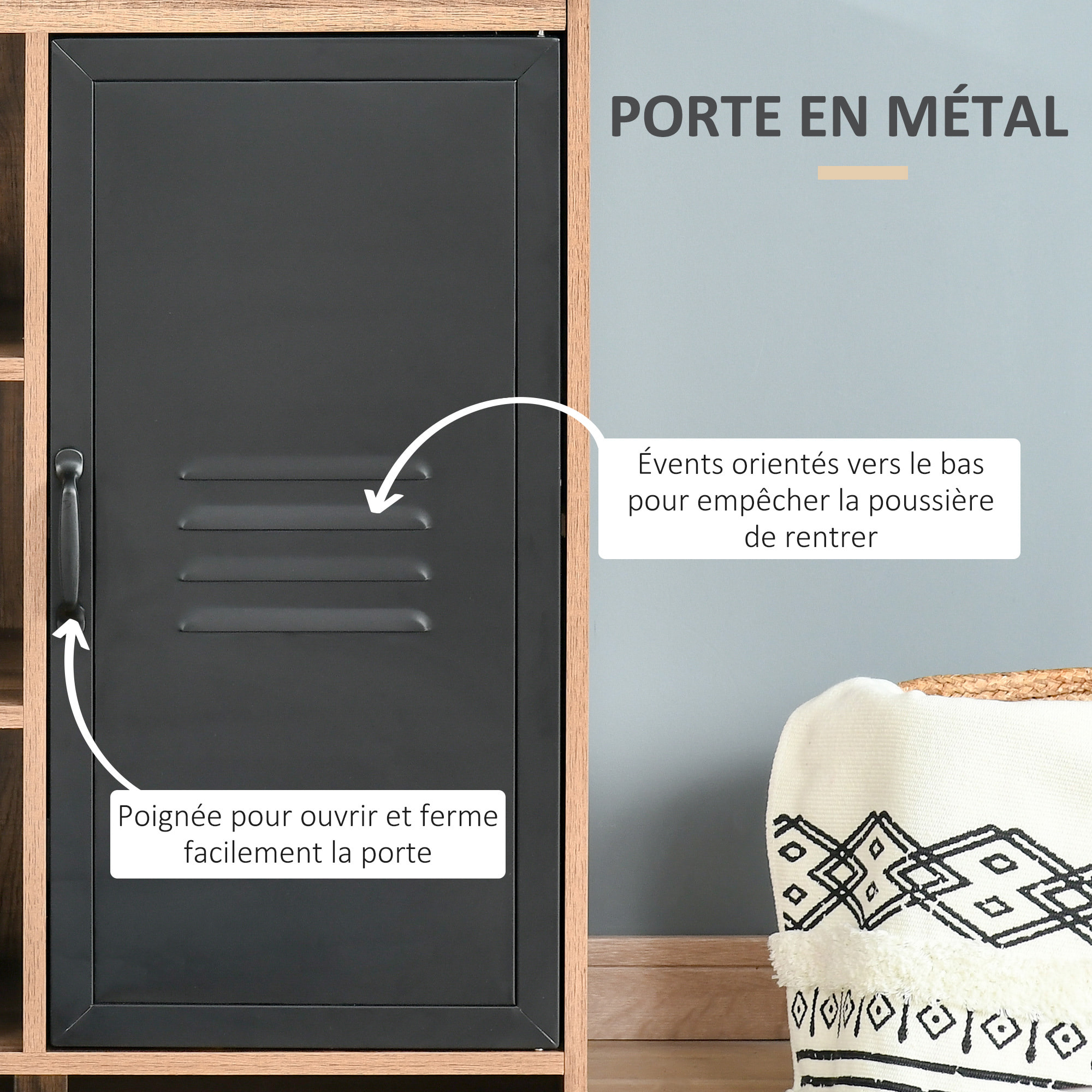 Buffet design industriel - meuble de rangement 3 niches placard - effet bois métal noir