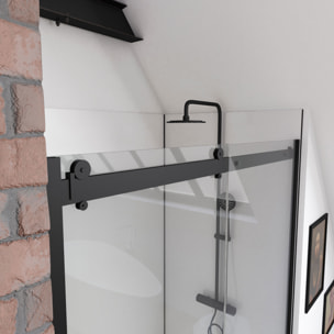 Porte de douche coulissante type industriel coulissante NOIR MAT - 120x200cm - verre trempe 8mm