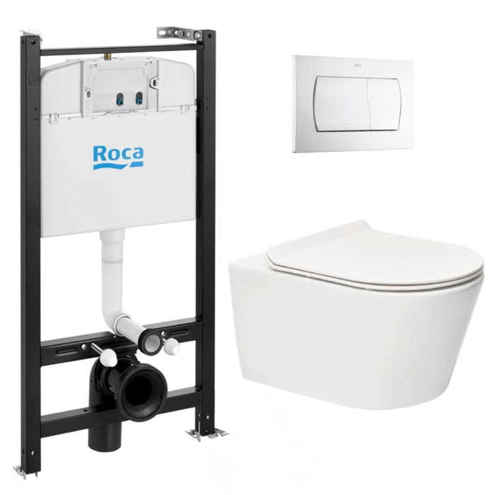 Pack Bâti-support Roca Active + WC sans bride SAT Brevis + Abattant slim, softclose + Plaque Blanche (RocaActiveBrevis-1)