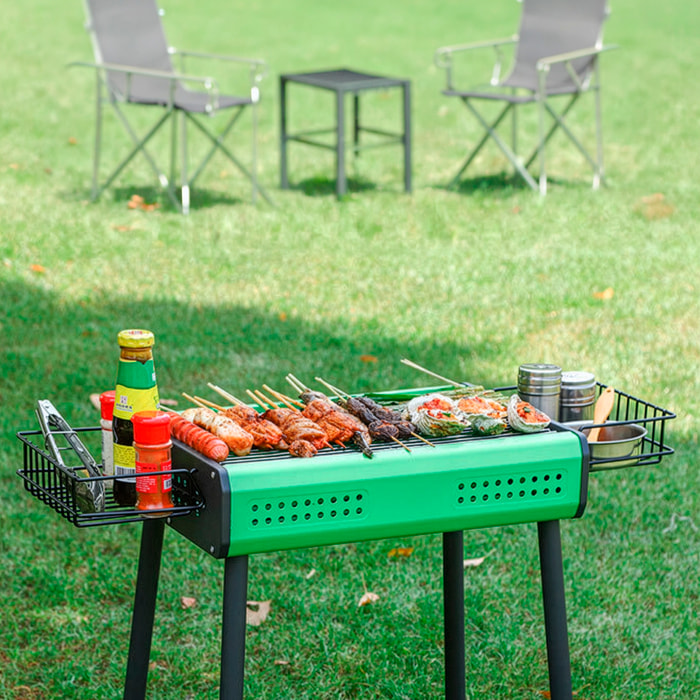 Barbacoa portátil de carbón CA-26 con patas desmontables, dos bandejas grill, cestas laterales y ventilación optimizada para una cocción uniforme.