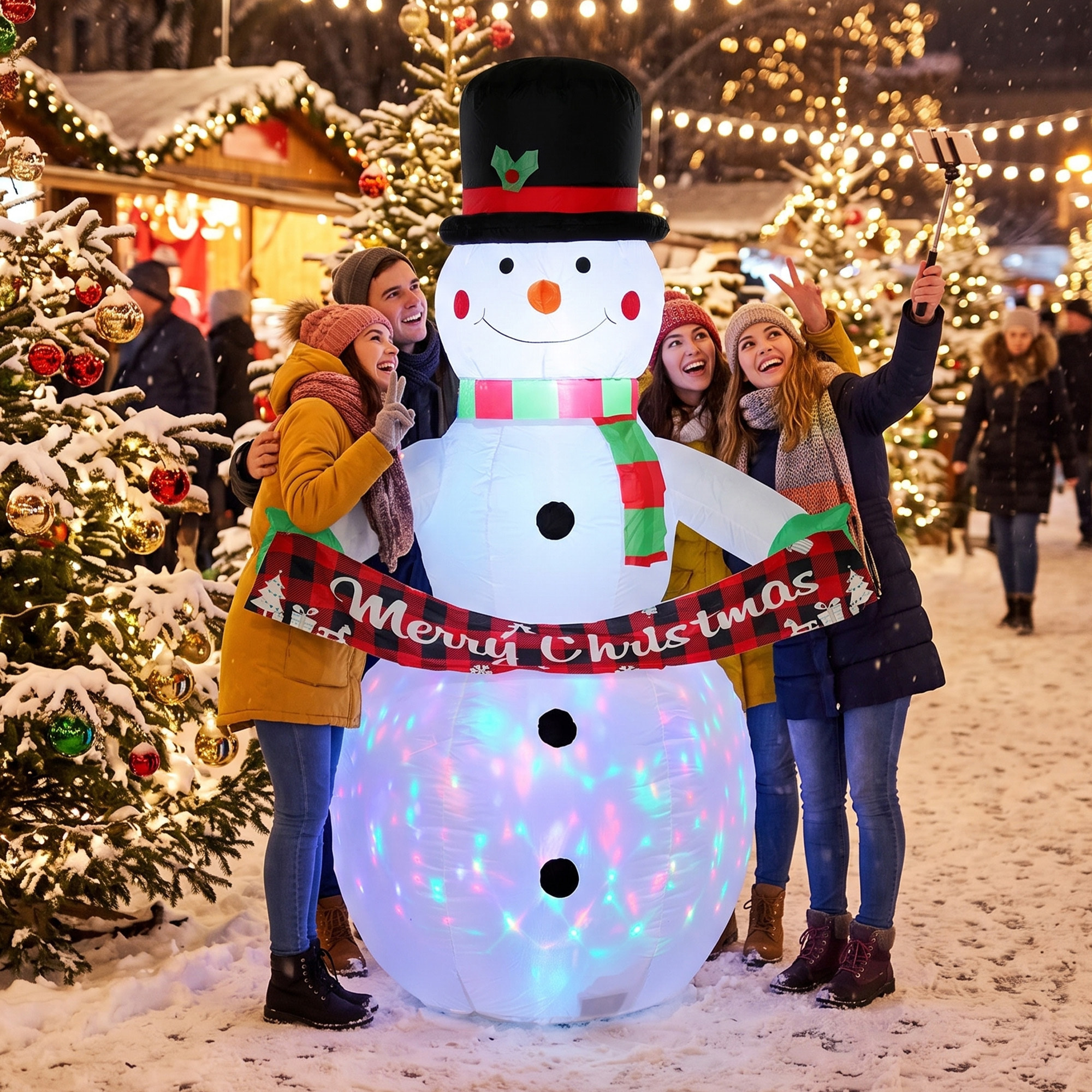 Outsunny Muñeco de Nieve Hinchable de Navidad 205 cm con Luces LED, Muñeco Inflable Navideño Exterior con Música, Decoración Navideña para Jardín, Patio, Terraza, Casa, Balcón
