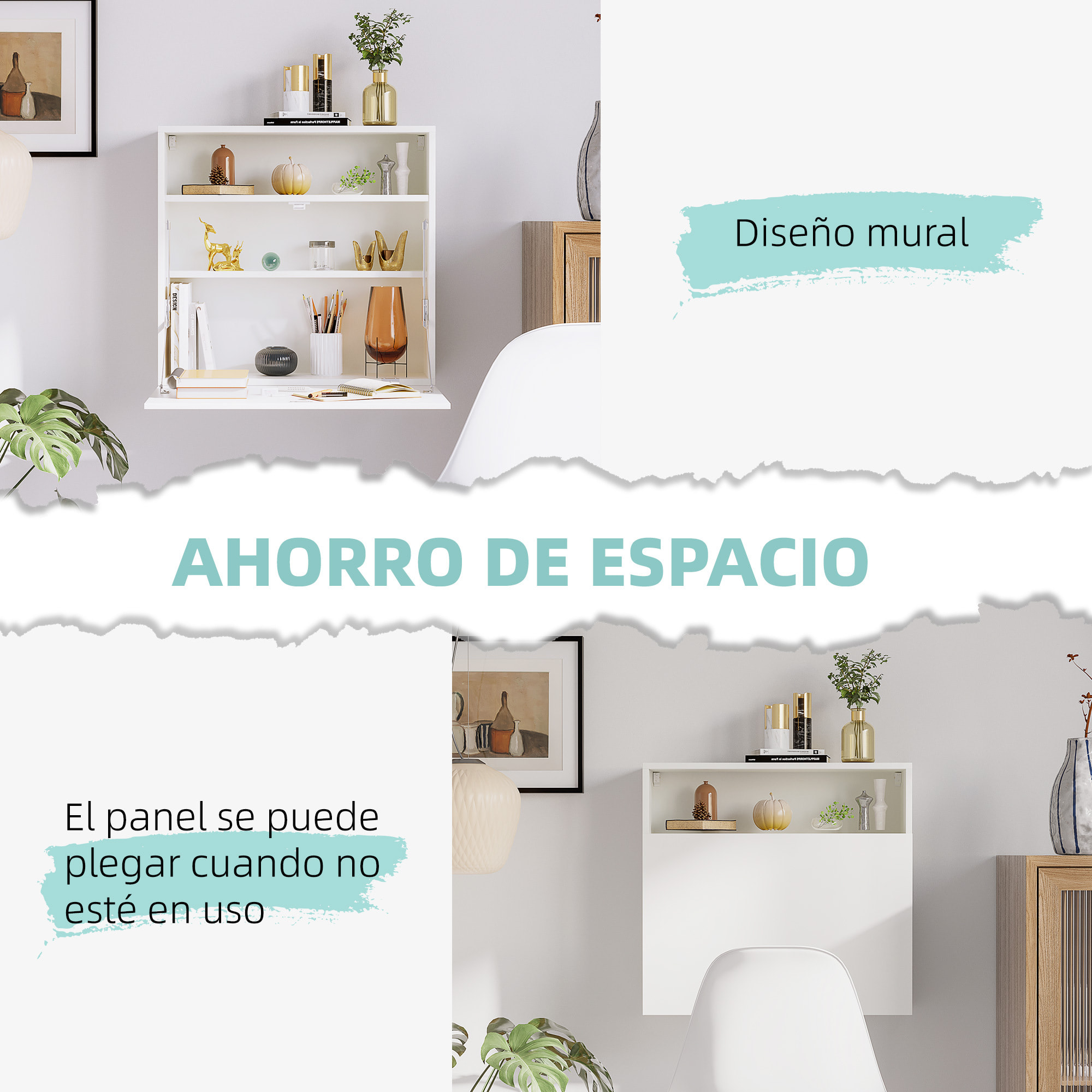 Mesa Plegable de Pared Moderno Escritorio Flotante Multifuncional con Estantes de Almacenamiento Carga 40 kg para Dormitorio Salón Oficina 64x20x60 cm Blanco