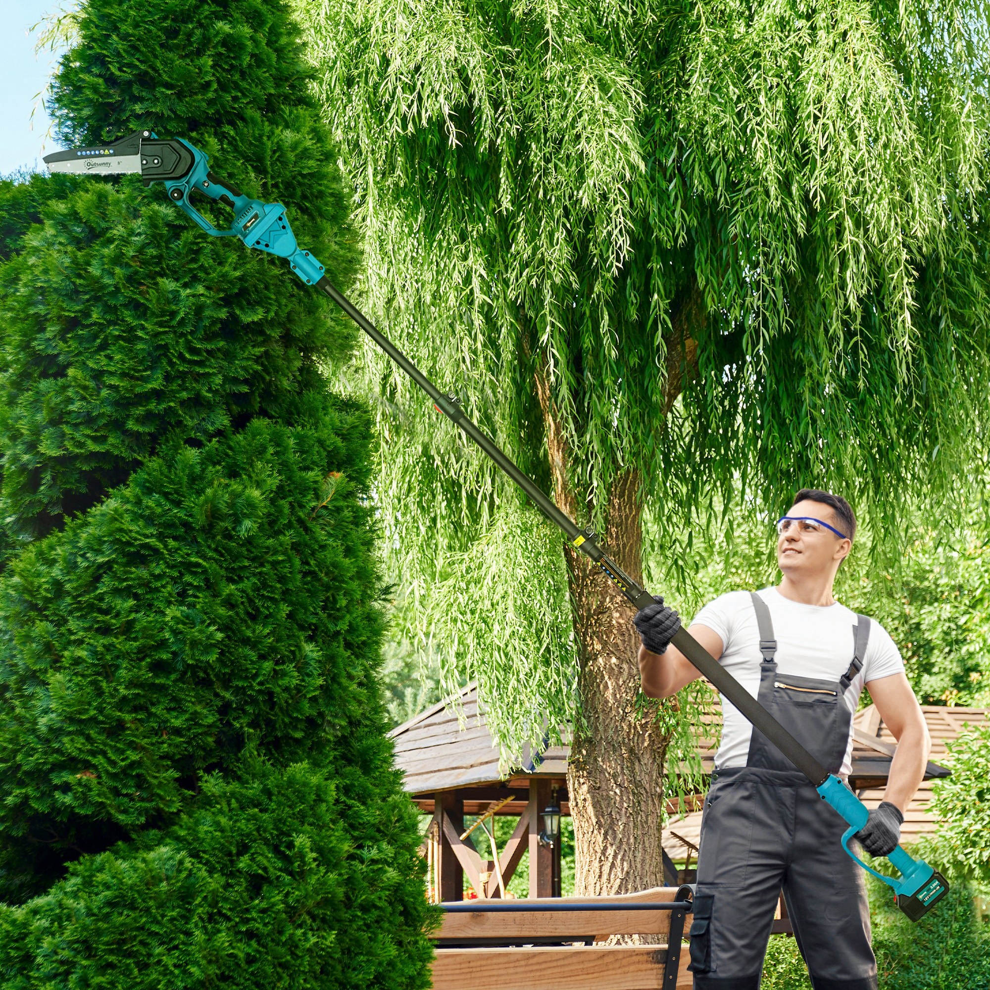 Mini Motosierra Bateria 6000mAh 8 Pulgadas Motosierra Eléctrica con 580W Motor sin Escobillas 2 Baterías Palo Telescópico y Doble Bloqueo para Podar Árboles de Jardinería y Madera