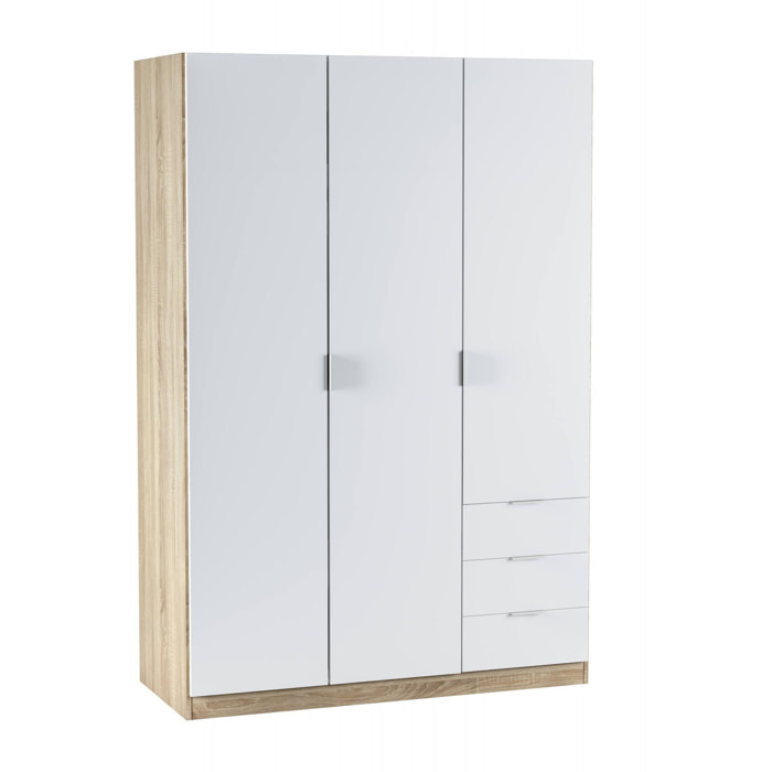 Guardaroba Allentown, Armadio per camera da letto a 3 ante e 3 cassetti, Mobile con barra appendiabiti e 3 ripiani, cm 121x52h180, Bianco e Rovere