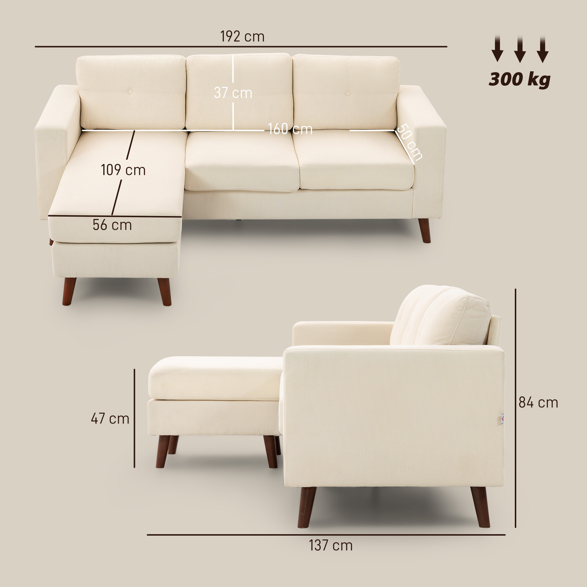 Sofá Chaise Longue Reversible, Sofá Esquinero en Forma de L de 3 Plazas, Tapizado en Pana, Marco de Acero, para Espacios Reducidos, Salón, 192x137x84 cm, Crema