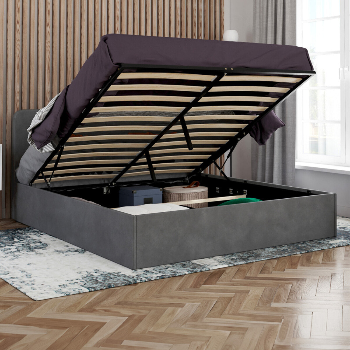 Lit avec tete de lit arrondie Louise - Velours gris