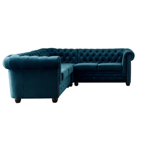 William - canapé Chesterfield d'angle réversible - 5 places - en velours - Bleu canard