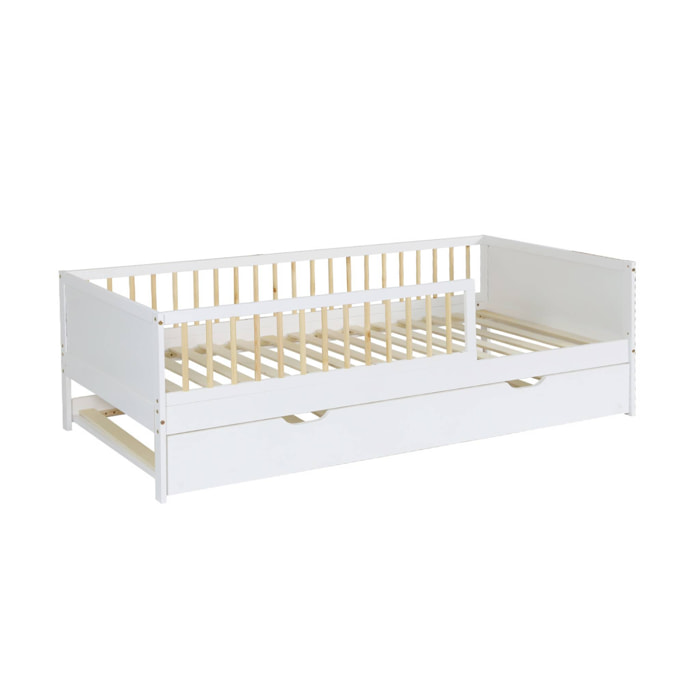 Lit gigogne enfant 90 x 190 cm pin naturel  avec sommier à lattes et tiroir ELIO