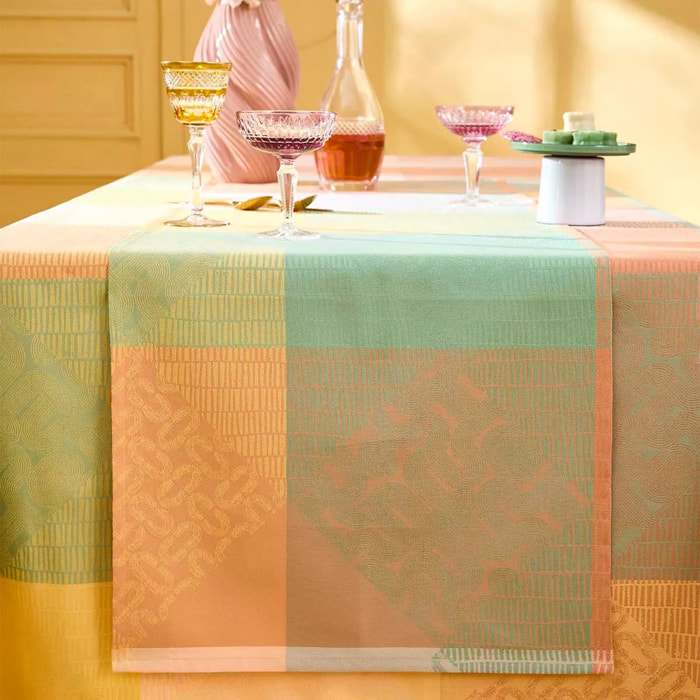 Chemin de table pur coton 205 g/m² motif jacquard rose jaune Mille empreintes pastel