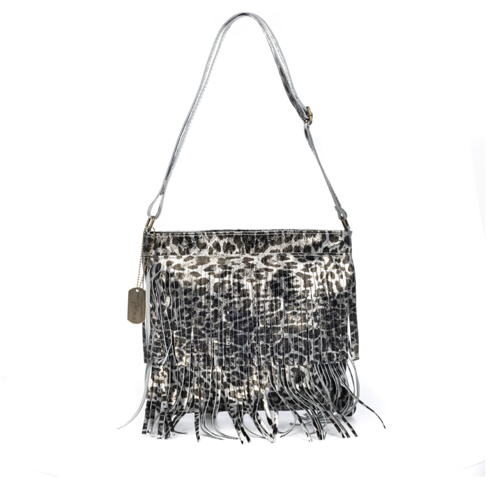 Avise bolso bandolera con flecos mujer. Piel auténtica Gamuza con estampado animal print leopardo lacada brillante.