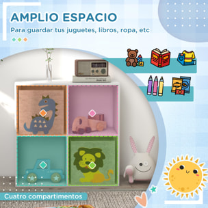 Estantería para Juguetes Infantil Librería para Niños de +3 Años con 4 Compartimientos de Almacenaje y 2 Cajones de Tela no Tejida con Imagen de Animales 61,8x29,9x61,8 cm Blanco y Gris