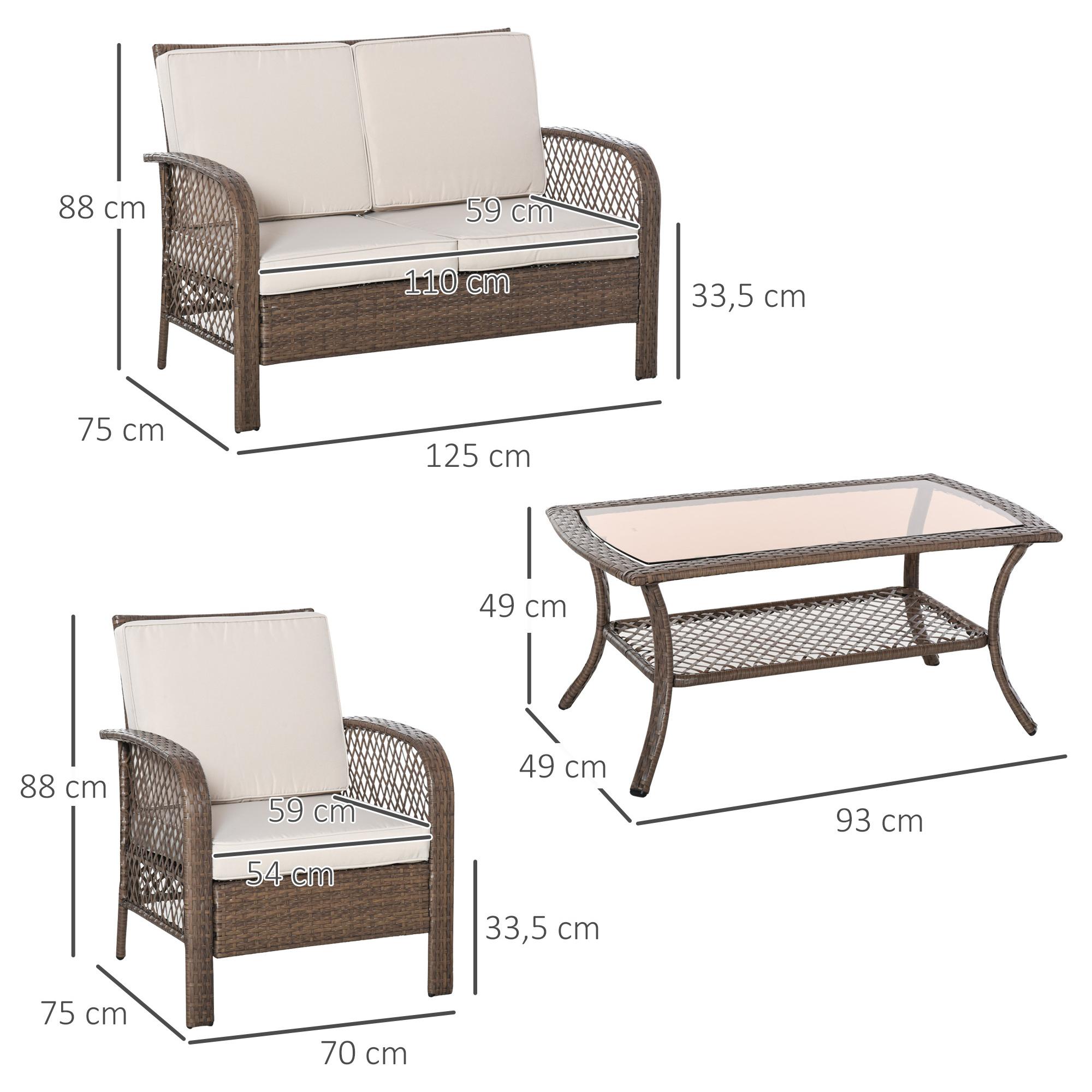 Conjunto de 4 Muebles de Ratán PE Exterior para Jardín Terraza Marrón y Caqui