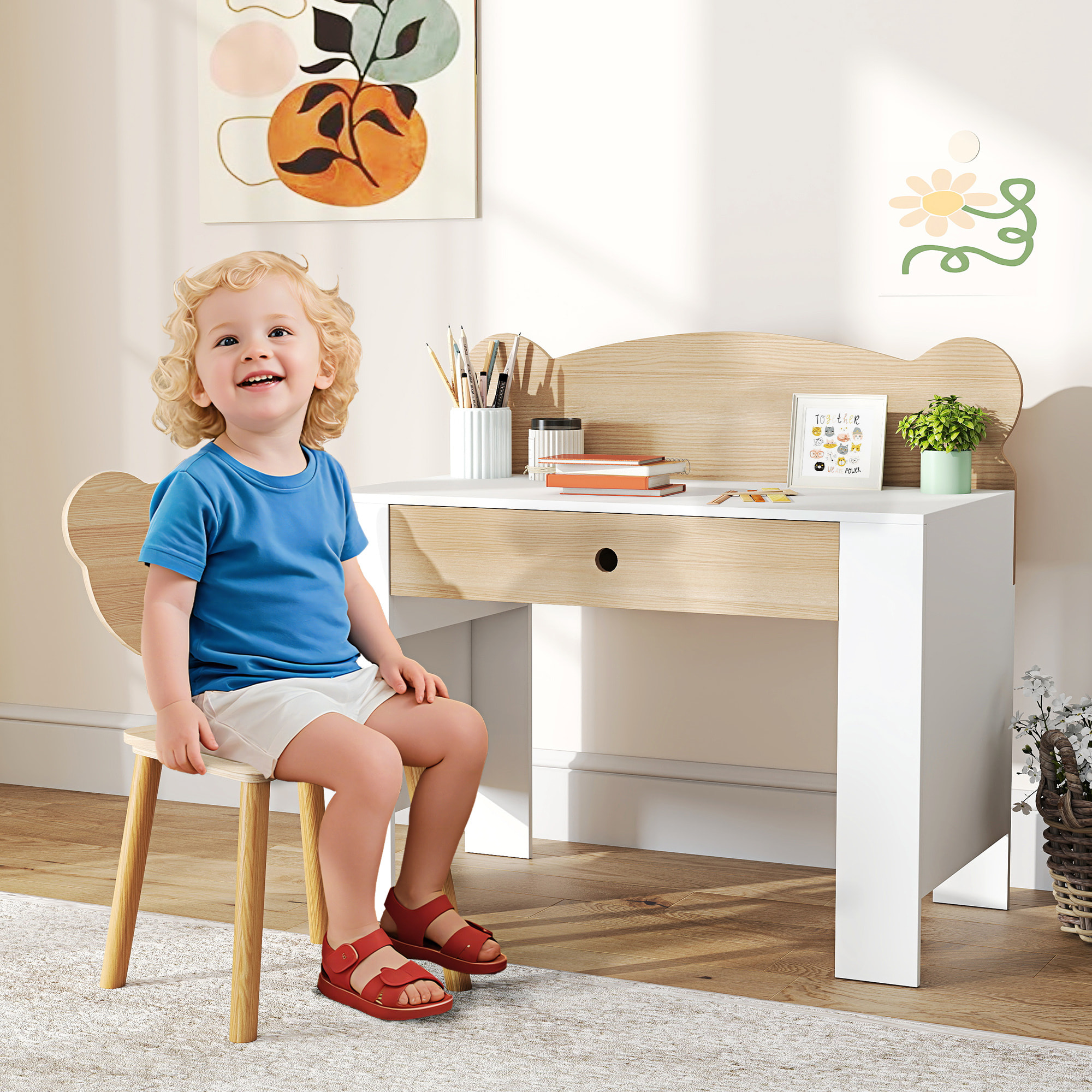 Ensemble bureau et chaise enfant design ourson - grand tiroir - blanc effet bois naturel